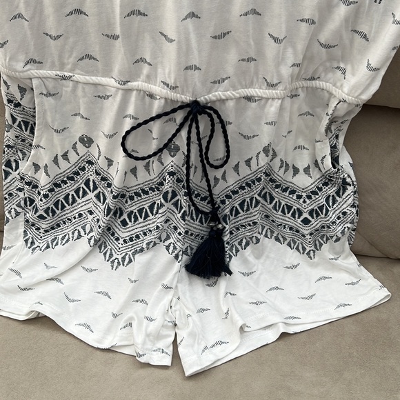 Swimsuit coverup romper with elastic waist and black tassel tie. - Picture 2 of 5